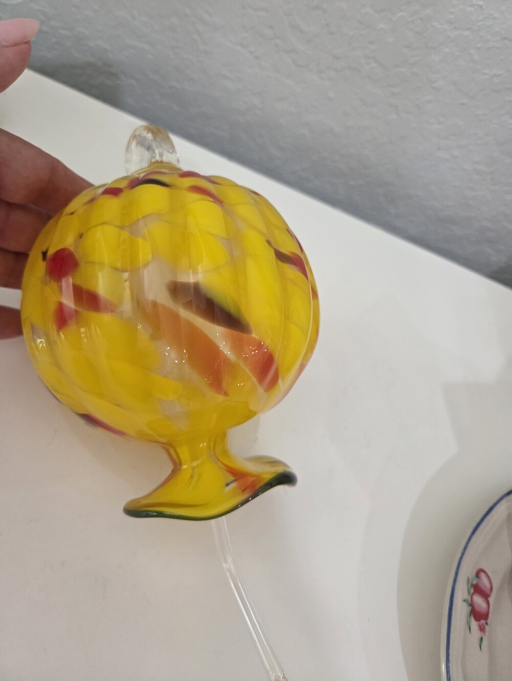 Handblown Yellow Glass Orb Could Be Huming Bird Feeder- Decorative Home Art
